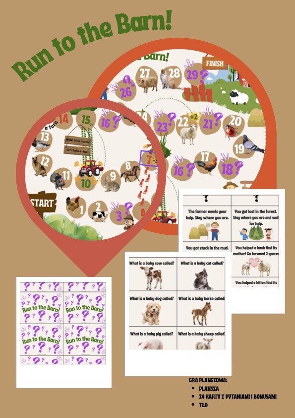 Run to the barn! - gra planszowa. Farm animals