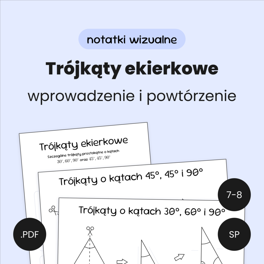 Trójkąty ekierkowe. Karty pracy. Notatki wizualne. Szkoła podstawowa. Klasa 7. Klasa 8