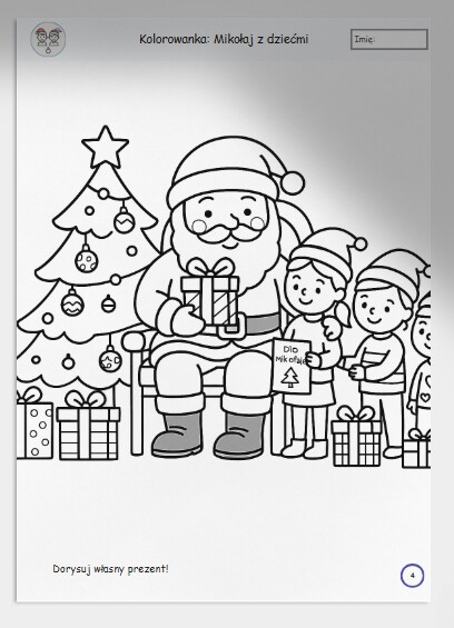 Kolorowanki świąteczne – upominki, Mikołaj, renifery