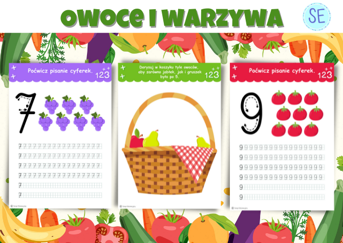Ćwiczę pisanie cyferek. Owocowo-warzywne dobble