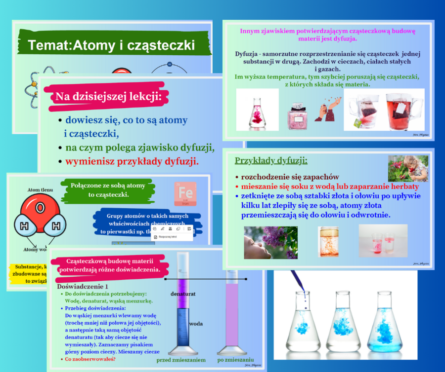 Atomy i cząsteczki. Dyfuzja. Fizyka. Prezentacja multimedialna. Mrs_Physics. Fizunia. Szkoła Podstawowa