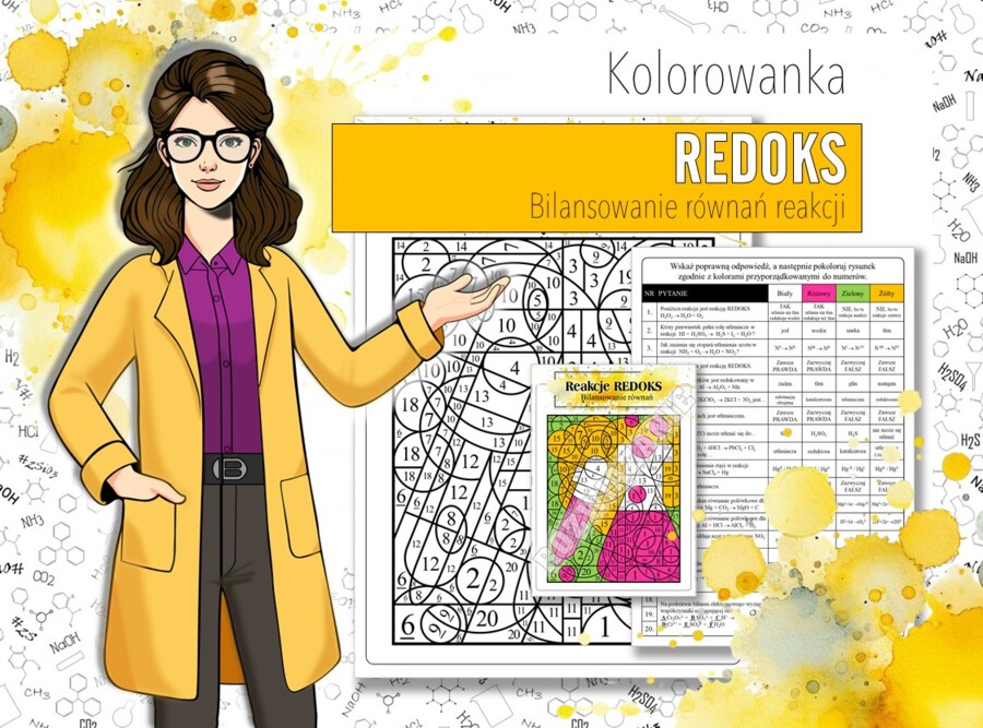 Chemia. Szkoła średnia. Reakcje REDOKS - Bilansowanie równań reakcji. Kolorowanka naukowa. Karta pracy. Zadanie.