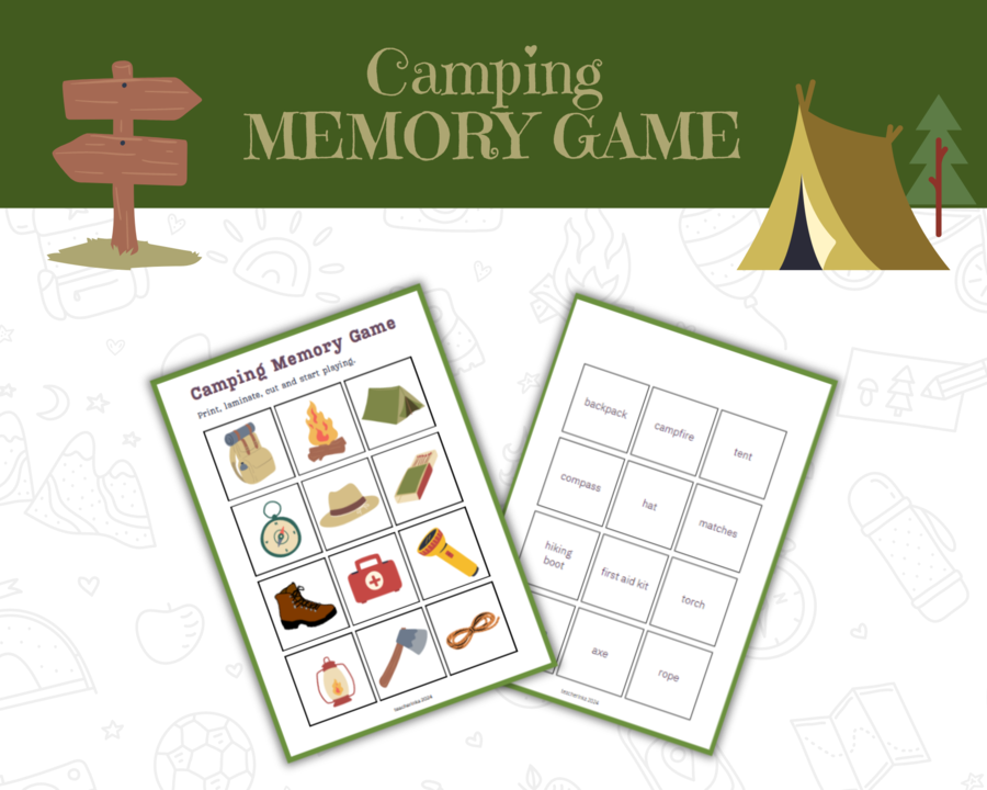Camping Memory Game - gra memory zwiazana z biwakowaniem, obóz, język angielski