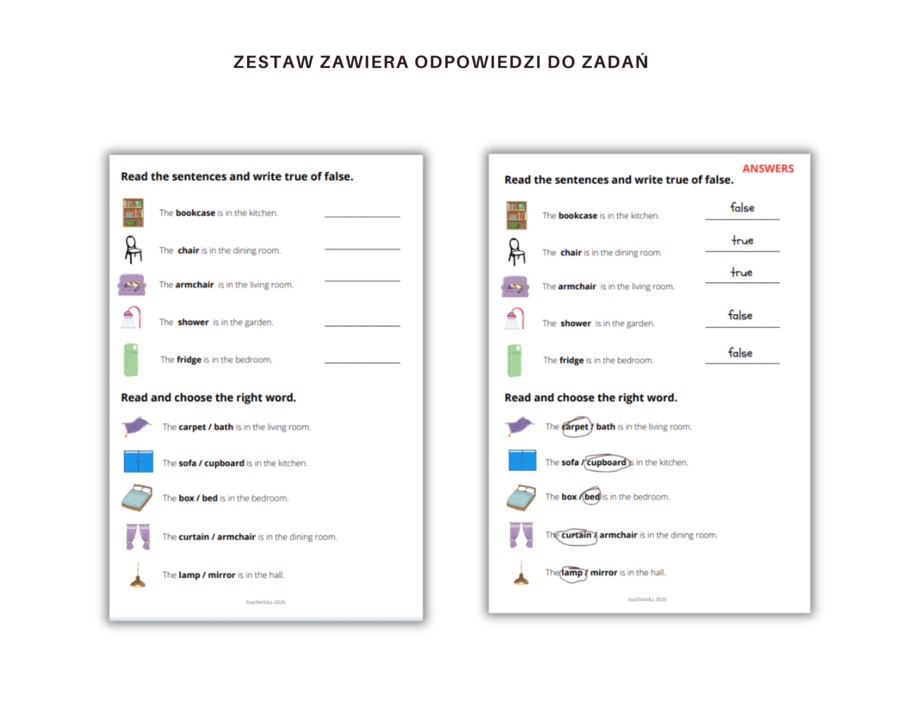 Furniture and rooms - nazwy umeblowania oraz pomieszczenia - karta pracy rozwijająca słownictwo, ćwicząca umiejętność czytania i pisania.
