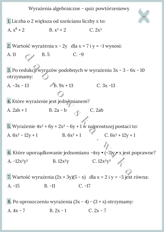 Wyrażenia algebraiczne - quiz powtórzeniowy