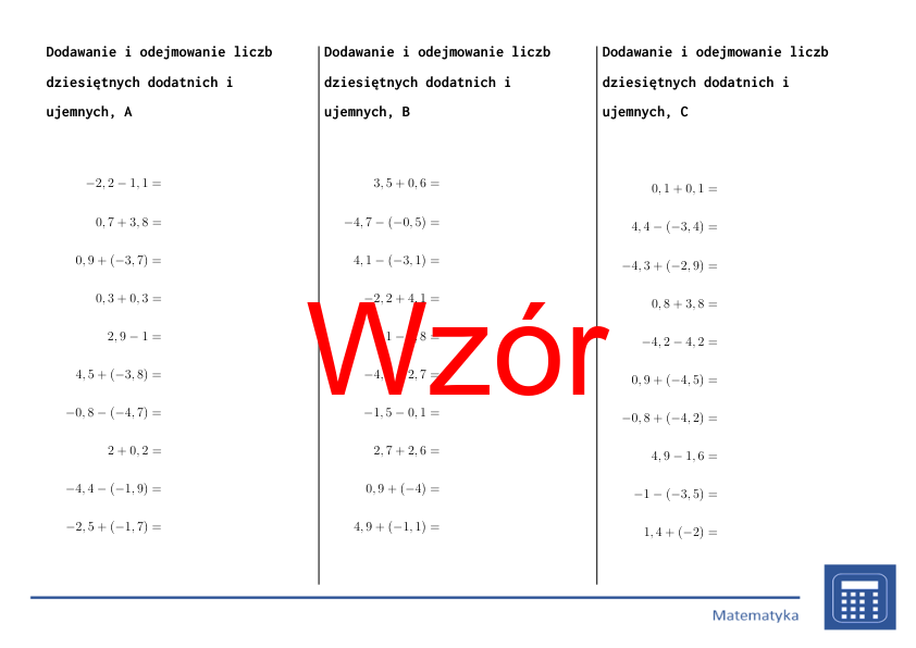 Dodawanie i odejmowanie liczb dziesiętnych dodatnich i ujemnych | matematyka | 26 kolumn