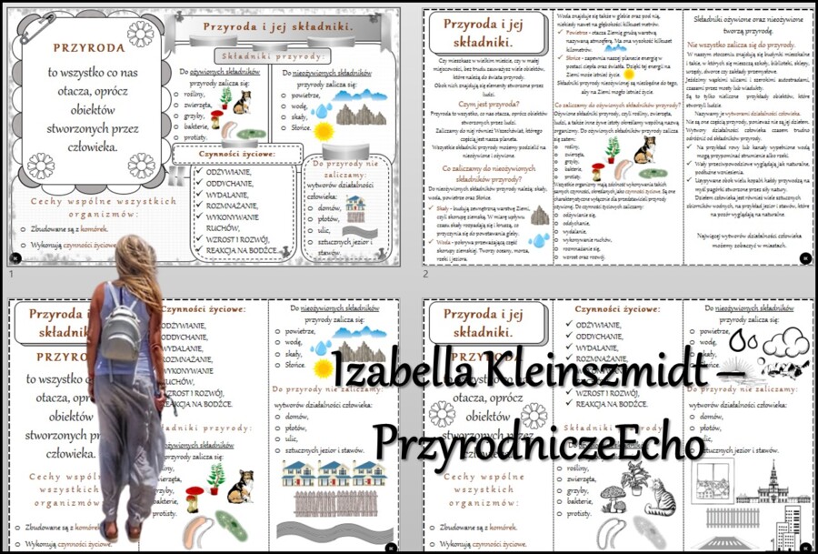 Sketchnotka/notatka/streszczenie/książeczka/wklejka/ściąga dla ucznia i przypomnienie dla nauczyciela/edukacja domowa. Temat „Przyroda i jej składniki” w pdf. Przyroda 4 dział „Poznajemy warsztat przyrodnika”. Materiał wykonany na podstawie podręcznika z