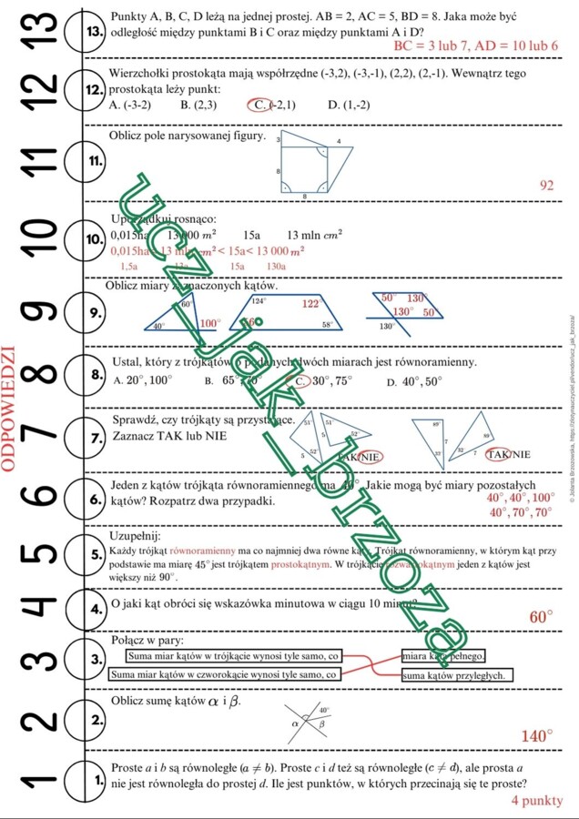 Figury geometryczne, klasa 7, sztafeta zadaniowa, powtórzenie przed sprawdzianem