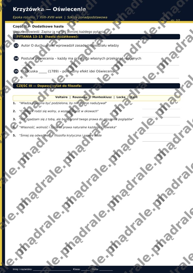 Krzyżówka „Oświecenie” + karta pracy + klucz odpowiedzi