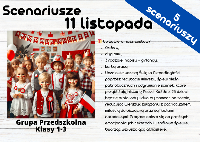 Scenariusz uroczystości – 11 listopada + karty pracy, dyplomy i medale - Święto Niepodległości,