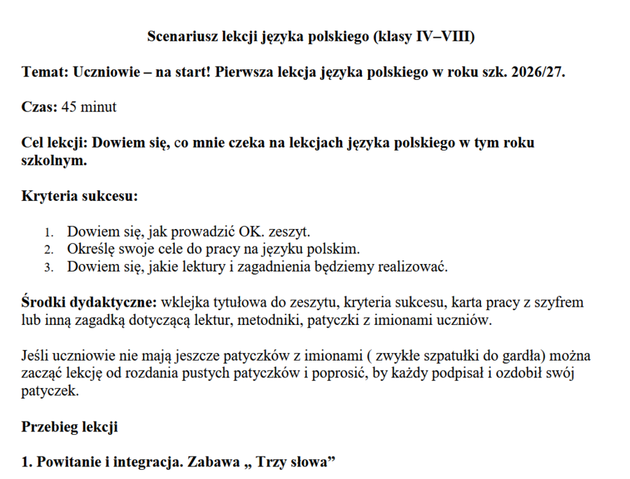 Scenariusz lekcji języka polskiego (klasy IV–VIII) Temat: Uczniowie – na start! Pierwsza lekcja języka polskiego w roku szk. 2026/27