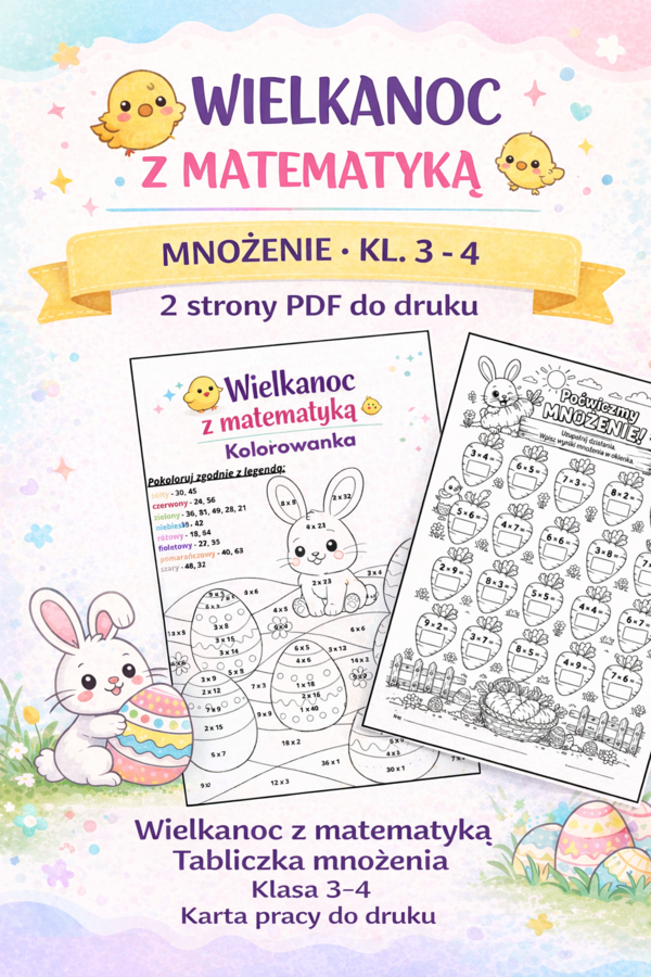 Wielkanoc – mnożenie w zakresie 100 – kolorowanka matematyczna + karta pracy – klasa 3–4 – PDF