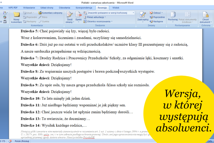 "PISKLAKI" scenariusz pożegnania i zakończenia przedszkola/ klasy 3