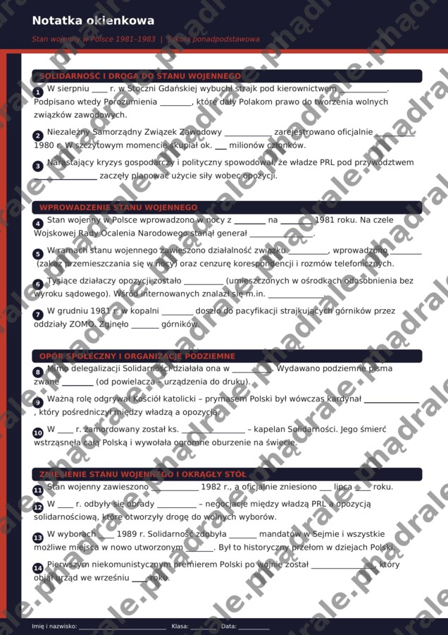 STAN WOJENNY NOTATKA OKIENKOWA + KLUCZ ODPOWIEDZI