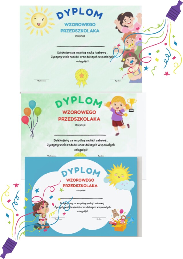 Dyplomy dla wzorowych przedszkolaków. 5 sztuk w zestawie. Plik PNG (ZIP)