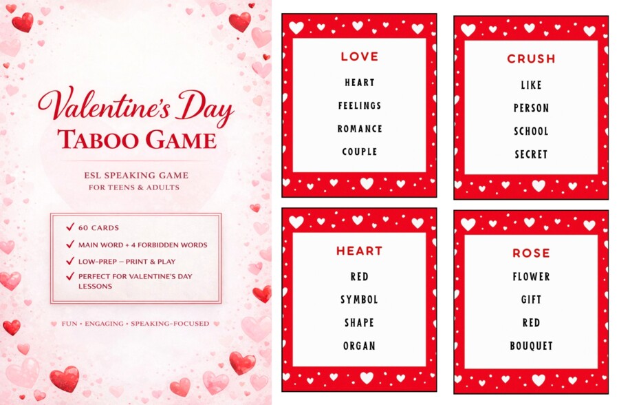 VALENTINE'S DAY TABOO / FORBIDDEN WORDS GAME – gra językowa ESL | 60 kart | Speaking Game A2–B2 | Walentynki