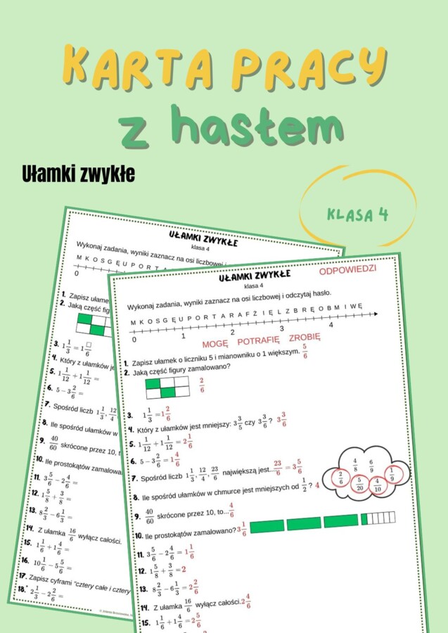 Ułamki zwykłe, powtórzenie w klasie 4, karta pracy z hasłem