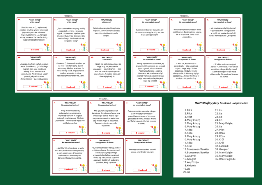 "MAŁY KSIĄŻĘ" - cytaty - powtórka - egzamin - gra 5 SEKUND + odpowiedzi