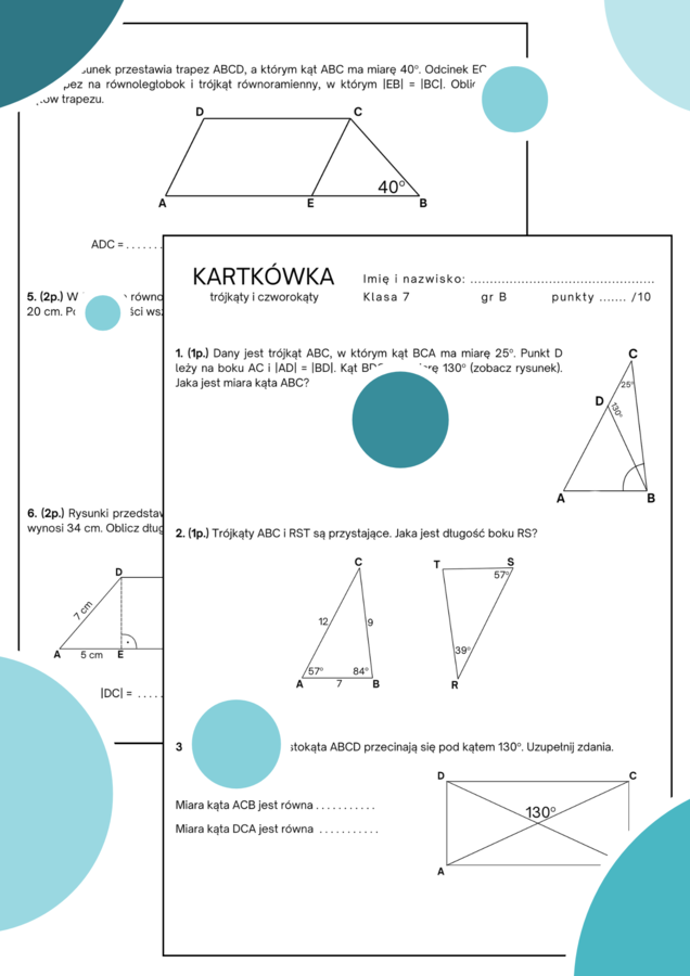 Kartkówka - trójkąty i czworokąty. Klasa 7