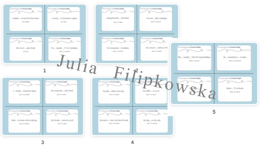 Present Simple/ Karty do mówienia/ Mówienie/ Speaking/ Konwersacje/ Klasy 4-8/ Klasy 4-6/ Klasy 6-8/ SP/ Warm-up/ Rozgrzewka/ Speaking cards/ Gramatyka/ Grammar/ Speaking cards grammar/ Grammar cards/ E8