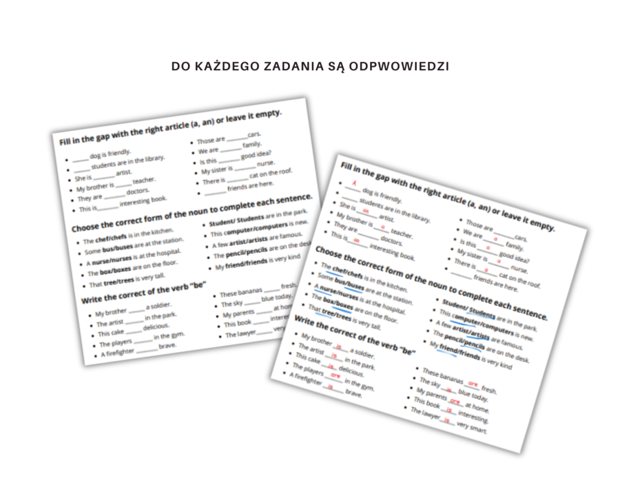 Everyday grammar: to be, articles, plural, grade 4, worksheet, job professions. Gramatyka dla klasy 4, podwójne karty pracy z ćwiczeniami na odmiane czasownika to be, zdania twierdzące, przeczenia, pytania, krótkie odpowiedzi, rozróżnianie liczby mnogiej