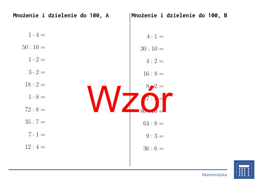 Mnożenie i dzielenie do 100 | matematyka | 26 kolumn