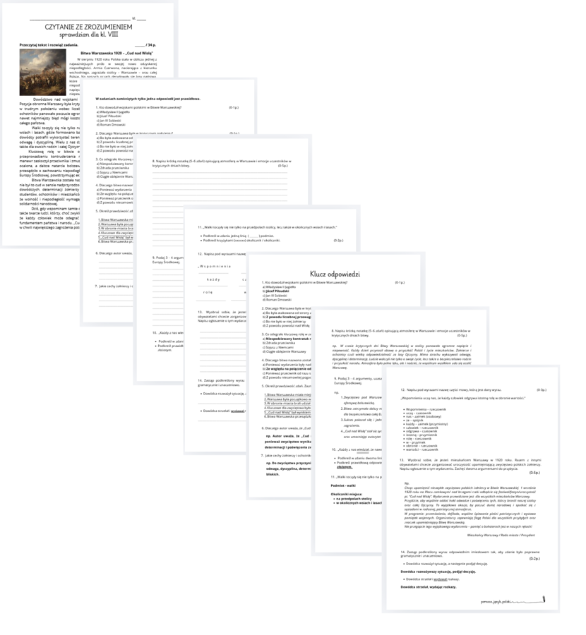 czytanie ze zrozumieniem - sprawdzian - klasa 8