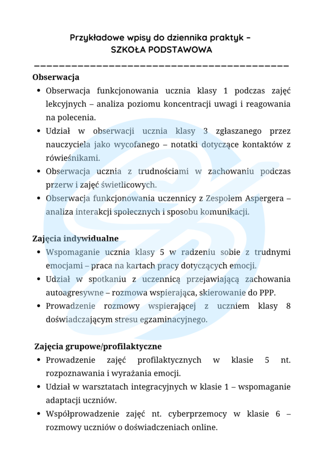 Psycholog – przykładowe wpisy do dziennika praktyk
