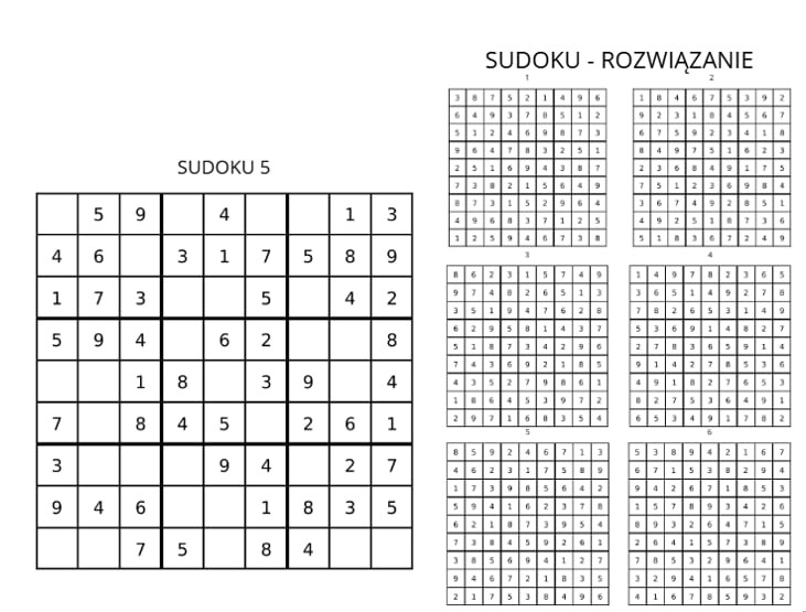 SUDOKU - POZIOM ŁATWY ŚREDNI I TRUDNY + ROZWIĄZANIA
