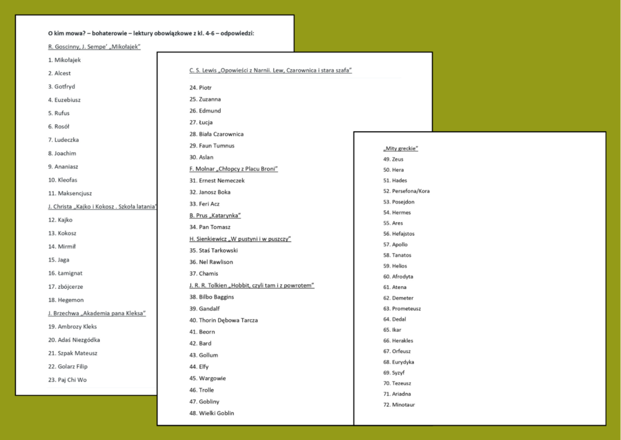 O KIM MOWA? – bohaterowie – LEKTURY obowiązkowe i uzupełniające – kl. 4-8 – gra „5 sekund” - 126 fiszek + ODPOWIEDZI - egzamin - powtórka