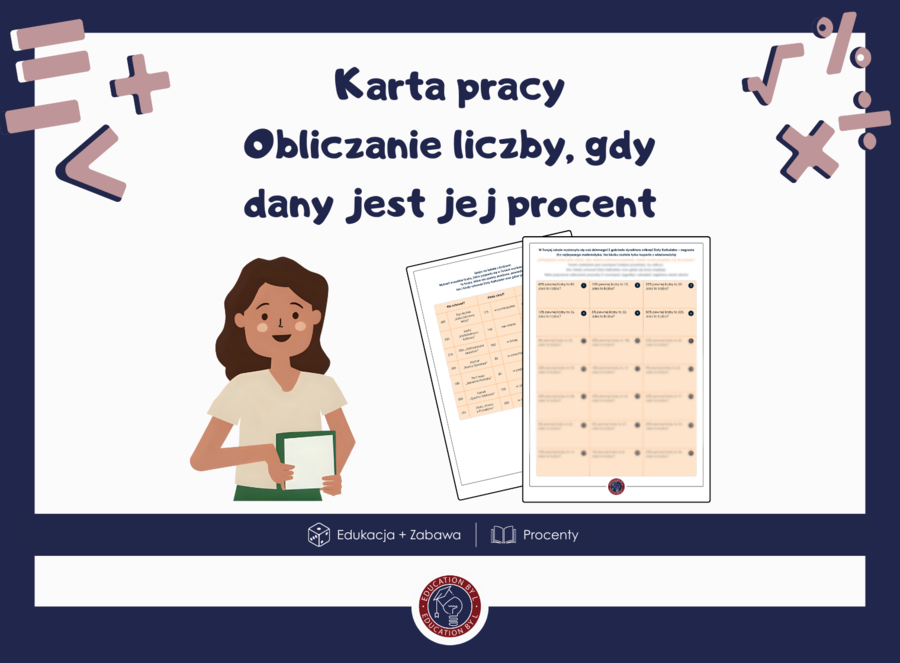 Procenty: Karta pracy | Obliczanie liczby z procentu + Tajemnicza zagadka | Obliczanie liczby, gdy dany jest jej procent