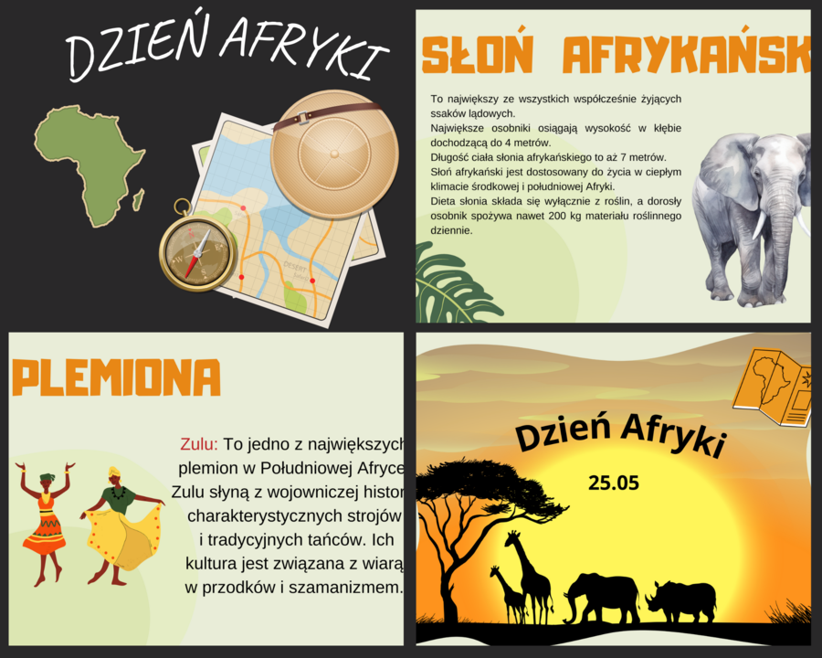 Dzień Afryki- informacje o Afryce, zwierzęta, plakat xxl, kolorowanka, napis
