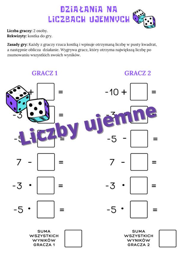 Działania na liczbach ujemnych - gra z kostką