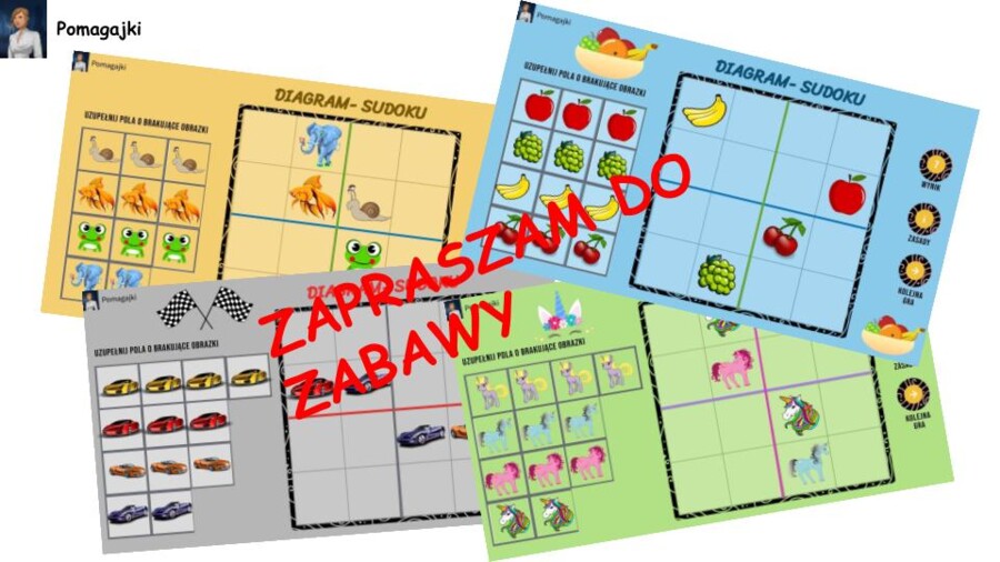 4 Sudoku 4x4 obrazkowe - interaktywne oraz do druku