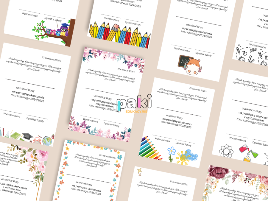 Wkładki, wklejki, dyplomy, nagrody, podziękowania na koniec roku 24/25 - różne wzory, klasy 1 - 8 SP, zakończenie roku