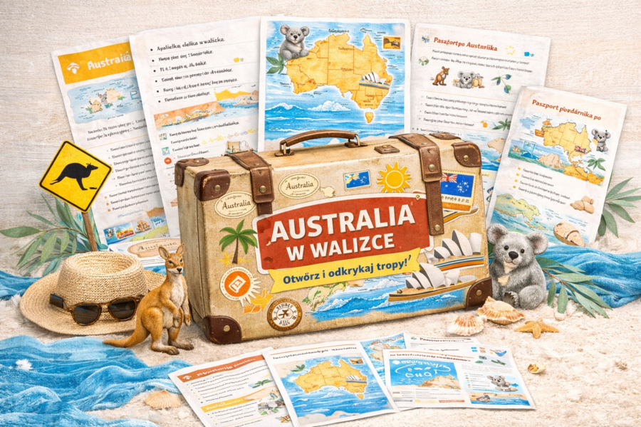 Australia w walizce, mapa Australii na podłodze, paszport podróżnika po Australii