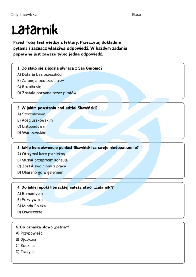 Test z lektury „Latarnik” | Henryk Sienkiewicz Szkoła podstawowa | 15 pytań ABCD + Klucz + Skala ocen