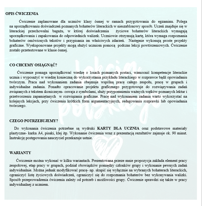 CZYJA TO WALIZKA? PRZYPOMNIENIE BOHATERÓW LEKTUR W KLASIE ÓSMEJ PRZED EGZAMINEM.