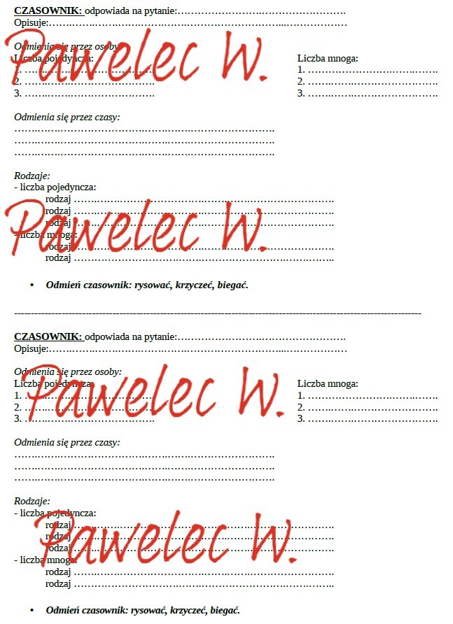 CZASOWNIK - kartkówka, kl. 4, kl. 5 (na jakie pytanie odpowiada, co opisuje, czasy, rodzaje, odmiana przez osoby)