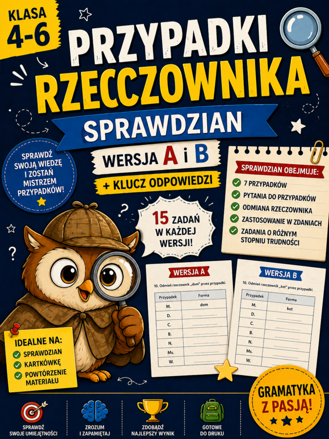 Przypadki rzeczownika – sprawdzian kl. 4–6 | wersja A i B + klucz odpowiedzi