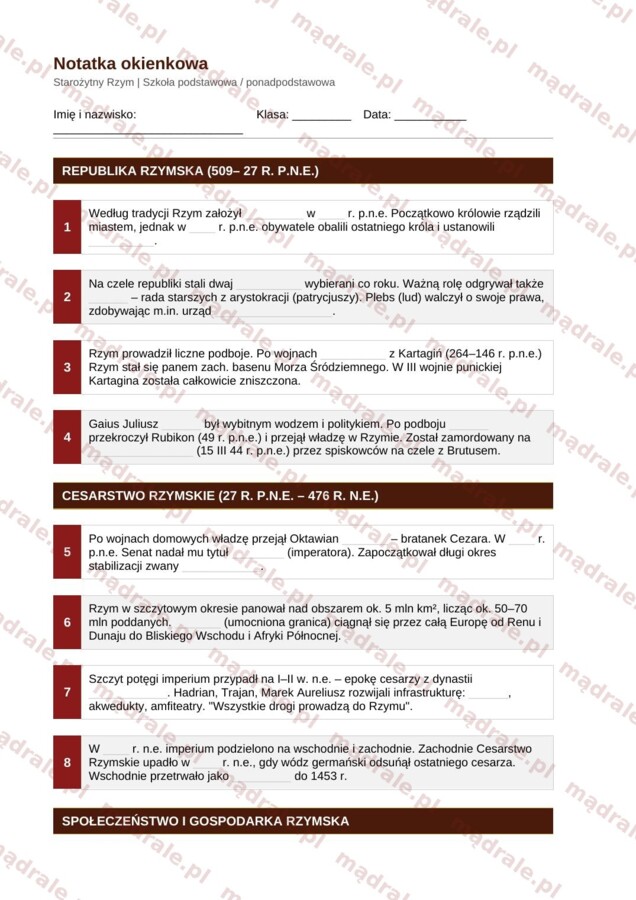 Notatka okienkowa „Starożytny Rzym” + klucz odpowiedzi