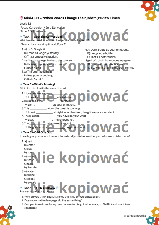 Karta Pracy When Words Change Their Jobs - Zero derivation B2