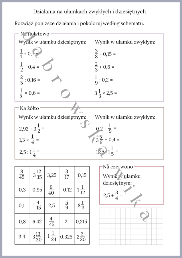 Działania na ułamkach zwykłych i dziesiętnych - kodowanka