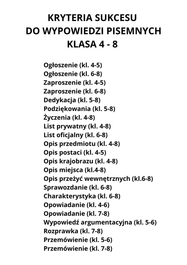 Kryteria sukcesu do prac pisemnych dla 4-8