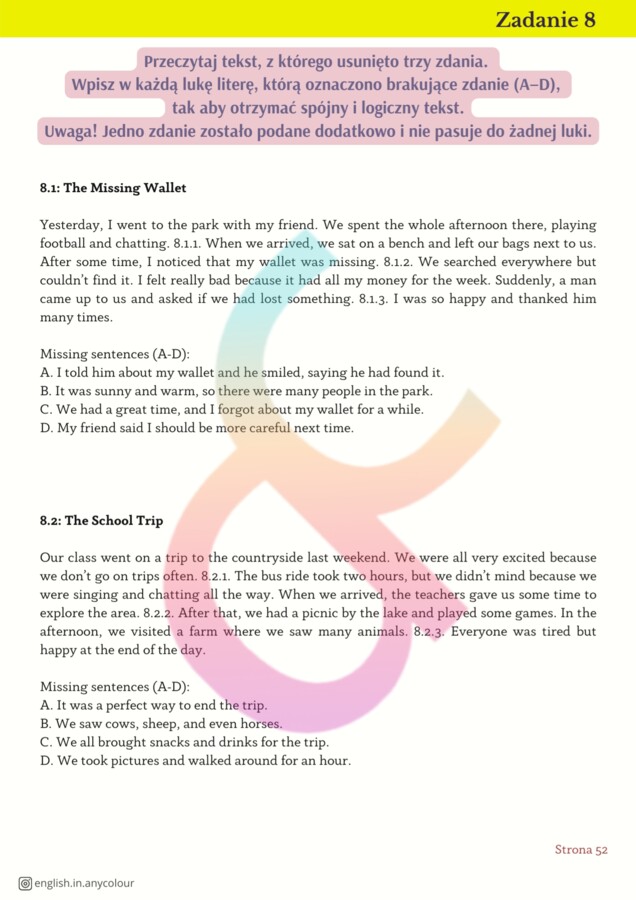 Angielski: Egzamin ósmoklasisty - ponad 600 ćwiczeń do zadań od 5 do 13. Klucz odpowiedzi.