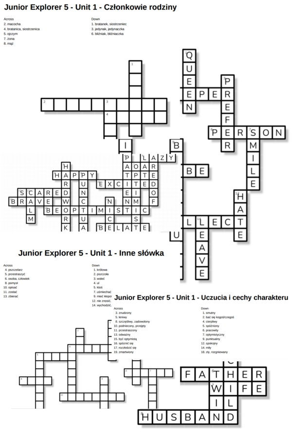 Junior Explorer 5 – Unit 1 – krzyżówki – Inne słówka/Członkowie rodziny/Uczucia i cechy charakteru