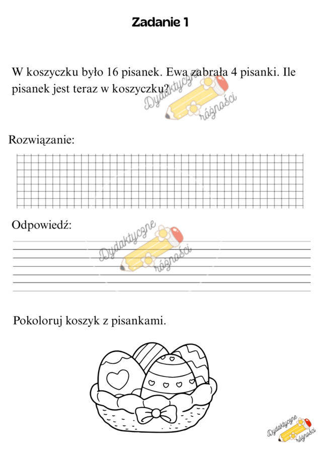 Klasa 1. Wielkanocne odejmowanie w zakresie 20. Zadania z treścią.