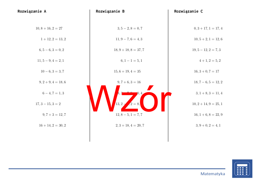 Dodawanie i odejmowanie liczb dziesiętnych | matematyka | 26 kolumn