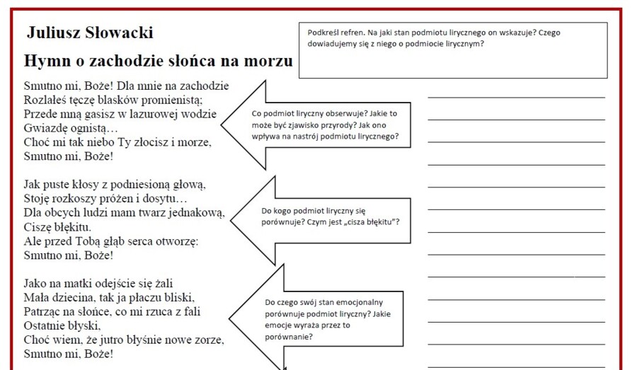 Juliusz Słowacki, "Hymn" - karta pracy