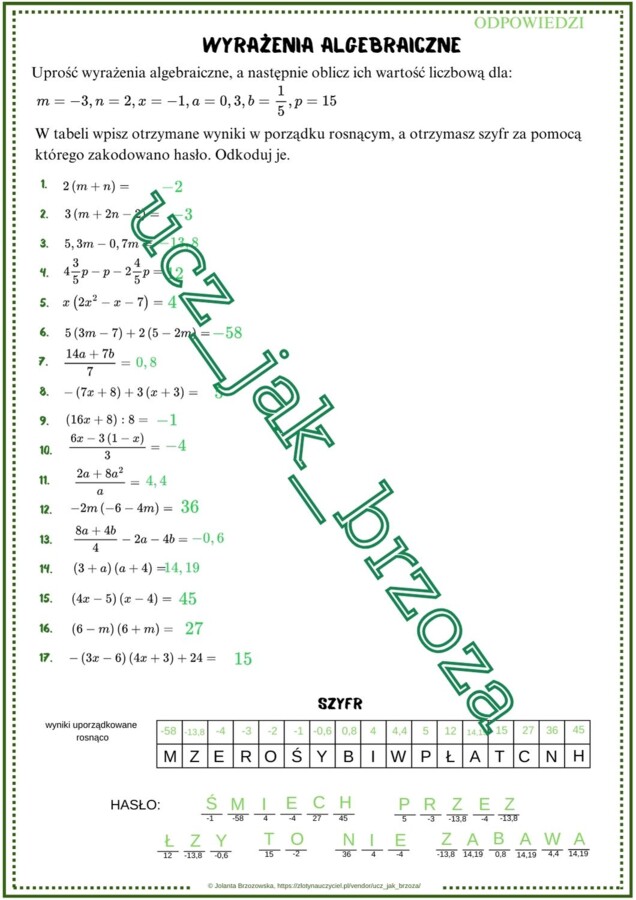 Wyrażenia algebraiczne, upraszczanie, obliczanie wartości liczbowej, klasa 7, karta pracy z hasłem